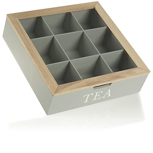 com-four® Teebox mit 9 Fächern für bis zu 90 Teebeutel - graue Aufbewahrungsbox aus Holz für Tee - Teebeutelbox mit Sichtfenster - Teekiste - Teeaufbewahrung (1 x Teebox grau) von com-four