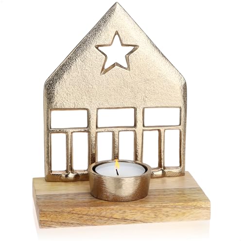 com-four® Teelichthalter aus Aluminium und Mangoholz - weihnachtliches Windlicht - Lichthaus Kerzenhalter - Weihnachtsdeko in Hausform für Teelicht von com-four