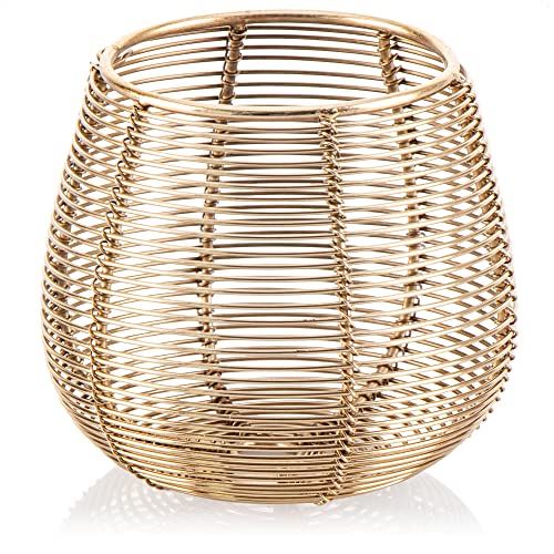 com-four® Teelichthalter aus Metall - dekorativer Kerzenständer - Draht-Windlicht - Kerzenhalter als Raumdekoration - Wohnaccessoire - Korb-Kerzenleuchte (goldfarben - 1 Stück - L) von com-four