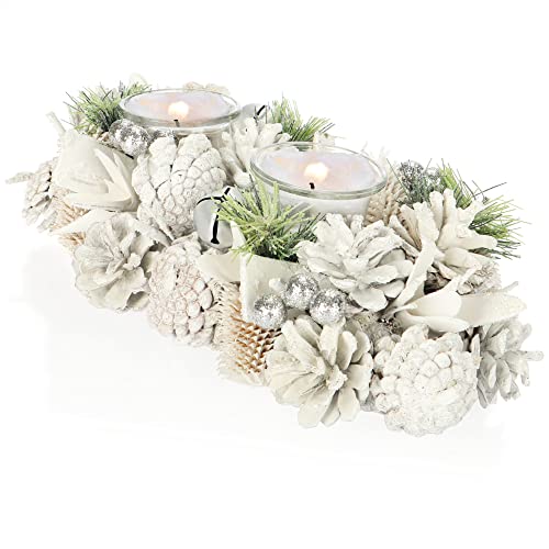 COM-FOUR® Teelichthalter - dekorativer Kerzenständer für Weihnachten und Herbst - Kerzenhalter mit natürlichen Materialien - Handarbeit (Adventsgesteck - 2 Kerzen) von com-four