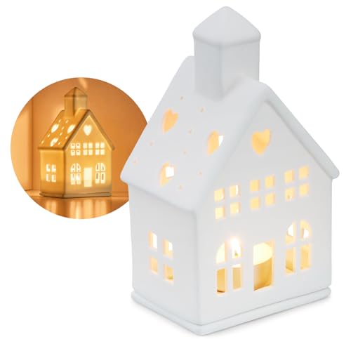 com-four® Teelichthaus aus Porzellan - Häuschen aus mattem Porzellan mit Teelichtuntersatz - Leuchthaus - Stilvolle Raumdekoration in Form eines Hauses (17 cm) von com-four