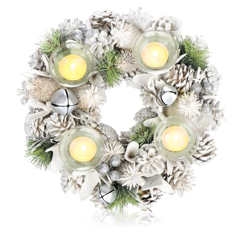 COM-FOUR® Tischkranz für Weihnachten - weißer Adventskranz mit Glitzer - Dekokranz mit 4 Teelichthaltern - Weihnachtskranz mit Kerzenhalter (Adventskranz L) von com-four