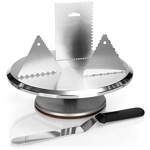 com-four® Tortenplatte drehbar und Backset - Edelstahl Winkelpalette und Torten-Schaber aus Aluminium - Kuchenplatte und Teigschaber (5 teilig - Tortenständer + Spachtel) von com-four