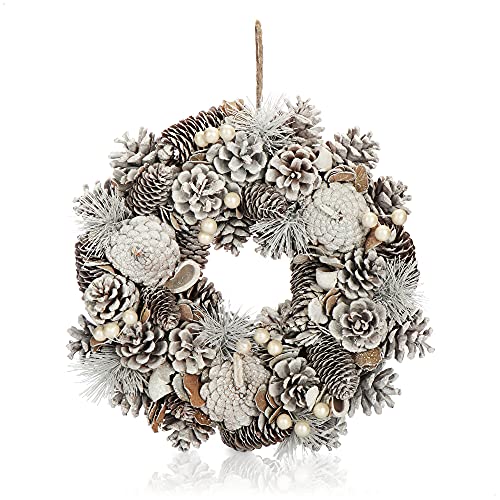 COM-FOUR® Türkranz für Weihnachten - weißer Adventskranz mit weißen Zapfen - Dekokranz - Weihnachtsdeko - Tischkranz - Weihnachtskranz von com-four