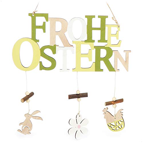 com-four® Türschild Frohe Ostern - Schriftzug mit Hase, Blume, Huhn für Ostern - Oster-Deko zum Aufhängen an Haustür, Wand, Fenster (01 Stück - 23.5x44 cm) von com-four