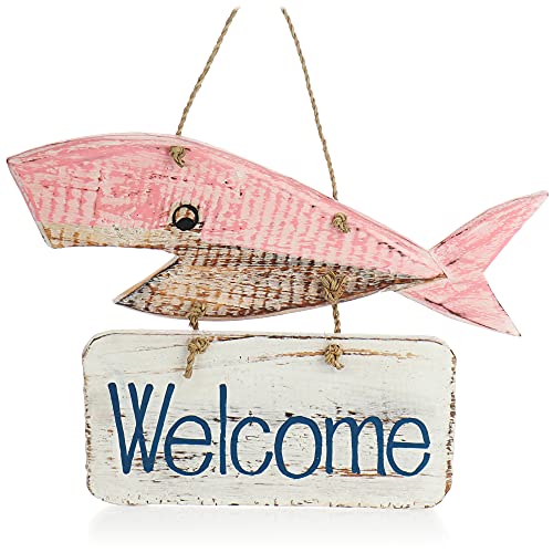 com-four® Türschild "Welcome" - Deko Holzfisch zum Aufhängen - Maritime Hängedeko für Zuhause - Fische aus Holz als Deko und Geschenk (01 Stück - Hängedeko Wal - pink) von com-four