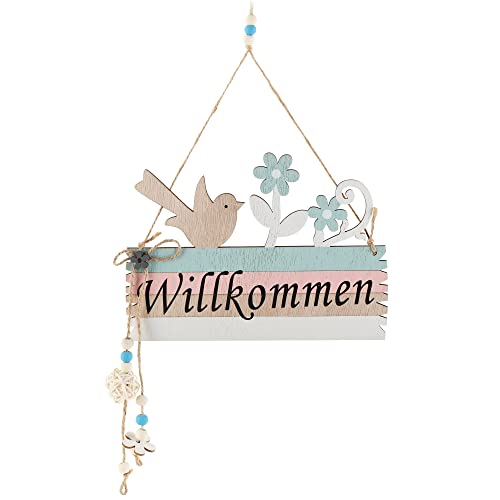 com-four® Türschild Willkommen - Deko-Schild Frühling aus Holz mit Kordel zum Aufhängen - Oster-Deko Schild für die Haustür (01 Stück - Vogel und Blume) von com-four
