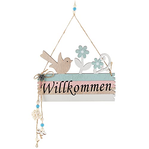 COM-FOUR® Türschild "Willkommen" - Deko-Schild Frühling aus Holz mit Kordel zum Aufhängen - Oster-Deko Schild für die Haustür (01 Stück - Vogel und Blume) von com-four