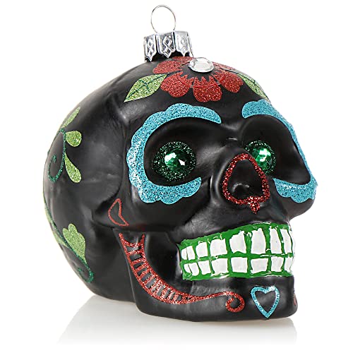 com-four® Weihnachtsbaumschmuck Totenschädel - Weihnachtsanhänger für den Christbaum - Weihnachtsbaum Deko aus Glas - Dia De Los Muertos (01 Stück - schwarz/grüne Augen) von com-four