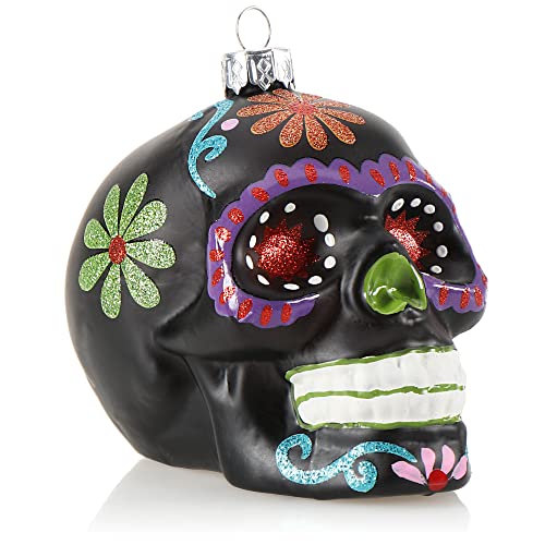 com-four® Weihnachtsbaumschmuck Totenschädel - Weihnachtsanhänger für den Christbaum - Weihnachtsbaum Deko aus Glas - Dia De Los Muertos (01 Stück - schwarz/rote Augen) von com-four