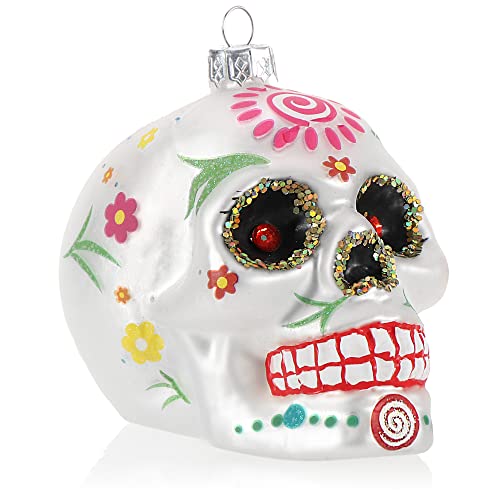 com-four® Weihnachtsbaumschmuck Totenschädel - Weihnachtsanhänger für den Christbaum - Weihnachtsbaum Deko aus Glas - Dia De Los Muertos (01 Stück - weiß/rote Augen) von com-four