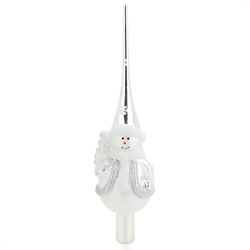 com-four® Weihnachtsbaumspitze glänzend - Christbaumspitze aus echtem Glas für Weihnachten - Tannenbaumspitze mit Schneemann (28cm - Schneemann Frosty Silver) von com-four