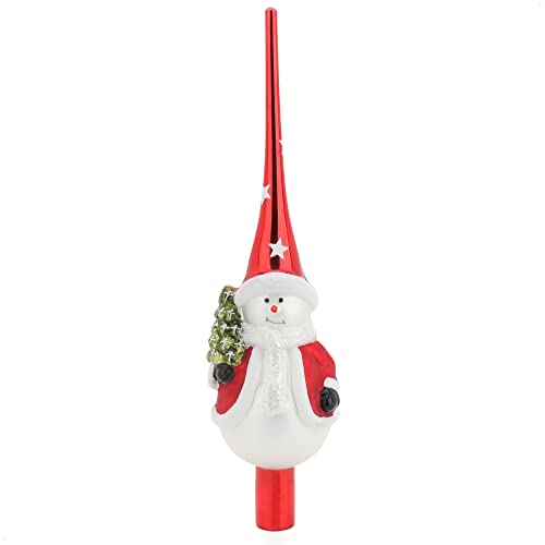 com-four® Weihnachtsbaumspitze glänzend - Christbaumspitze aus echtem Glas für Weihnachten - Tannenbaumspitze mit Schneemann (28cm - Schneemann Merry Red) von com-four