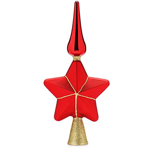 com-four® Weihnachtsbaumspitze glänzend - Christbaumspitze aus echtem Glas für Weihnachten - Tannenbaumspitze mit Stern (29cm - Stern Merry Red) von com-four