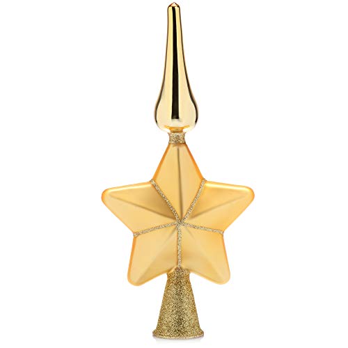 com-four® Weihnachtsbaumspitze glänzend - Christbaumspitze aus echtem Glas für Weihnachten - Tannenbaumspitze mit Stern (29cm - Stern Inkagold) von com-four