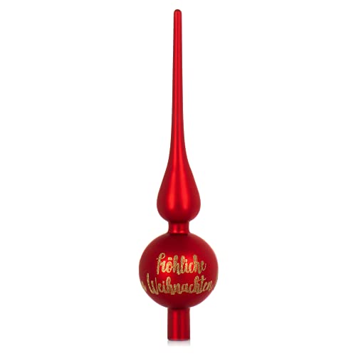 com-four® Weihnachtsbaumspitze mit Schriftzug - Christbaumspitze aus echtem Glas für Weihnachten - Tannenbaumspitze für den Christbaum (28cm - Merry Red matt) von com-four