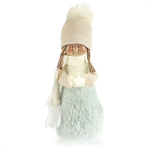 com-four® Weihnachtsdeko Mädchen mit Kerze - Weihnachtsfigur stehend - Dekofigur zu Weihnachten - Standfigur mit flackerndem LED-Licht (Größe 3 - Mädchen blau) von com-four