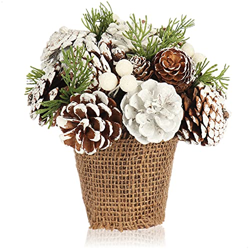 com-four® Weihnachtsgesteck im Blumentopf - Zapfen, Zweige und Beeren im dekorativen Jutebund - handgemachtes Blumenarrangement als Tischdeko von com-four