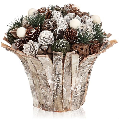 com-four® Weihnachtsgesteck im Blumentopf - mehrere Zapfensorten im dekorativen Topf aus Rinde - handgemachtes Blumenarrangement als Tischdeko (1 Stück - 18cm - weiß - Perlen) von com-four