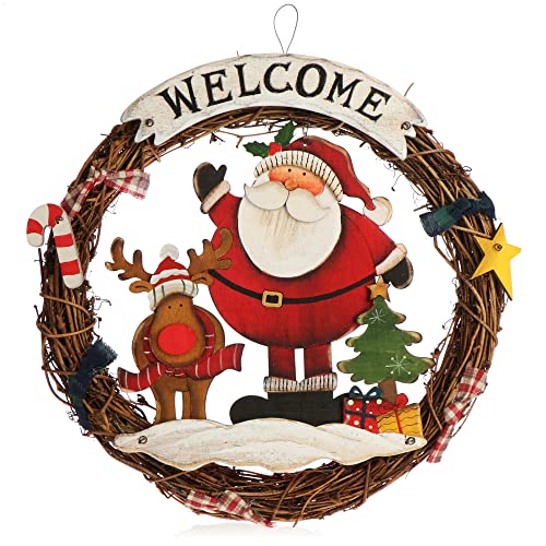 com-four® Weihnachtskranz geflochten - Tür Kranz Welcome für Weihnachten - Weihnachtsdeko zum Hängen - Holzkranz ca. Ø 29 cm (Santa Claus - L) von com-four