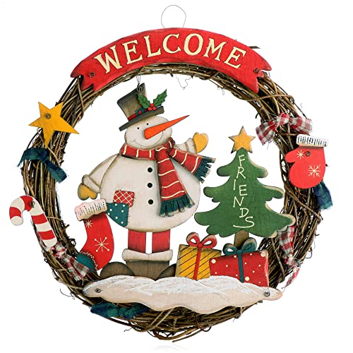 com-four® Weihnachtskranz geflochten - Tür Kranz Welcome für Weihnachten - Weihnachtsdeko zum Hängen - Holzkranz ca. Ø 31 cm (Schneemann - L) von com-four