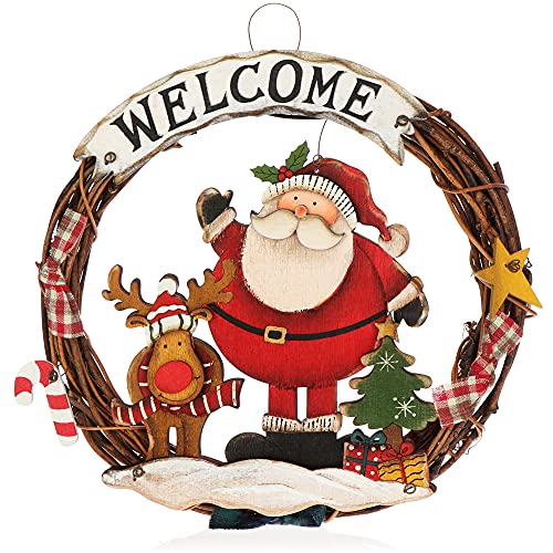 com-four® Weihnachtskranz geflochten - Tür Kranz Welcome für Weihnachten - Weihnachtsdeko zum Hängen - Holzkranz ca. Ø 24 cm (Santa Claus - M) von com-four