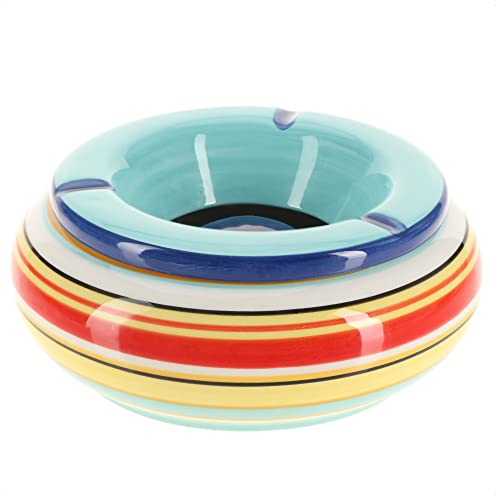 com-four® XL Windaschenbecher aus Dolomit-Keramik - wetterfeste Sturmaschenbecher mit bunten Streifen - großer Tischaschenbecher mit Deckel (01 Stück 19.5cm blau) von com-four