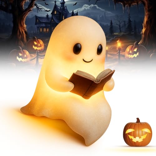 Ghost Reading Book Lamp, 2025 Neu Niedliche Geister-Leselampe, 3D-LED-Geister Statue Nachtlicht Halloween Deko Led Geist Lampe Halloween-Dekoration für Schlafzimmer Badezimmer Bücherregal (15CM) von comepew