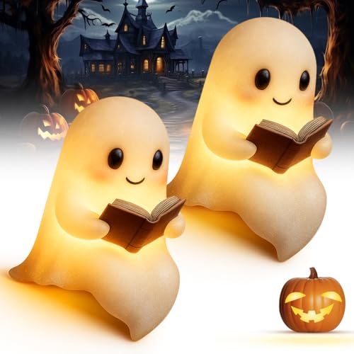 Ghost Reading Book Lamp, 2025 Neu Niedliche Geister-Leselampe, 3D-LED-Geister Statue Nachtlicht Halloween Deko Led Geist Lampe Halloween-Dekoration für Schlafzimmer Badezimmer Bücherregal (21CM*2) von comepew