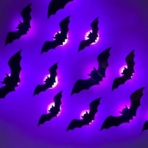 Halloween Deko, 2025 Neu Halloween 3D Lighted Bats Fledermäuse Wanddekoration LED Fledermäuse Deko 3D Hallo ween Deko Set Outdoor Wandaufkleber Helloween Dekoration für Fenster Wände (Bats*12) von comepew