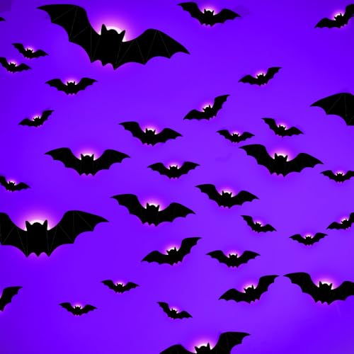 Halloween Deko, 2025 Neu Halloween 3D Lighted Bats Fledermäuse Wanddekoration LED Fledermäuse Deko 3D Hallo ween Deko Set Outdoor Wandaufkleber Helloween Dekoration für Fenster Wände (Bats*24) von comepew