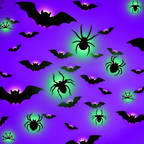 Halloween Deko, 2025 Neu Halloween 3D Lighted Bats Fledermäuse Wanddekoration LED Fledermäuse Deko 3D Hallo ween Deko Set Outdoor Wandaufkleber Helloween Dekoration für Fenster Wände (18Spinne+24Bats) von comepew