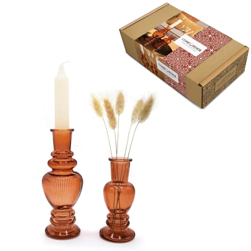 COMFORDER Mini Glasvasen & Kerzenständer Set bunt, Tischdeko Set aus 2 kleinen Vasen/Glaskerzenständern + 1 Kerze + 5 Trockenblumen (Rot) von comforder