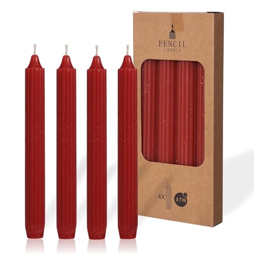 COMFORDER Stabkerzen Set, 4x Tafelkerzen einfarbig + gerippt, 20cm, 7 Stunden Brenndauer (Rot) von comforder