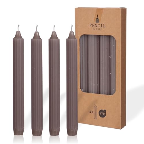 COMFORDER Stabkerzen Set, 4x Tafelkerzen einfarbig + gerippt, 20cm, 7 Stunden Brenndauer, Unparfümiert (Taupe) von comforder