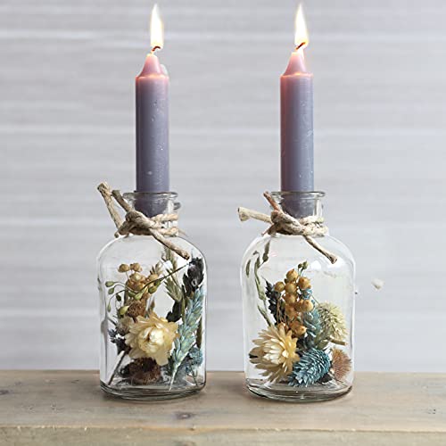 Trockenblumen im Glas mit Kerzen, Trockenblumen Set mit Vase, 2 Stück, getrocknete Blumen deko, Flaschen Kerzenhalter mit ewige Blumen, Geschenke für Frauen (Blaugrau) von comforder