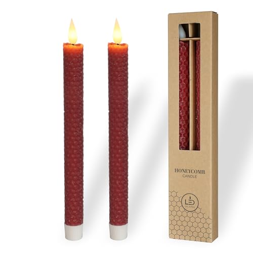 comforder Echtwachs LED Kerzen mit flackernder Flamme (2er Set), elektrische Stabkerzen mit Timerfunktion, Kerzen batteriebetrieben, Bienenwaben-Optik (Burgunderrot) von comforder
