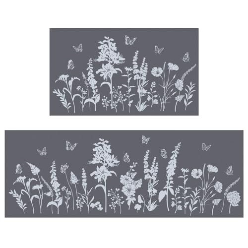 comfoyar Küchenmatte 2 Stück, Blumen und Gras rutschfest Küchenläufer Waschbar Küchenteppich, Teppich Läufer für Flur Küche 44 x 75 cm + 44 x 120 cm von comfoyar