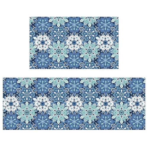 comfoyar Küchenmatte 2 Stück, rutschfest Küchenläufer Waschbar Küchenteppich, Teppich Läufer für Flur Küche 44×75 cm + 44×120 cm, Blau Retro-Muster von comfoyar