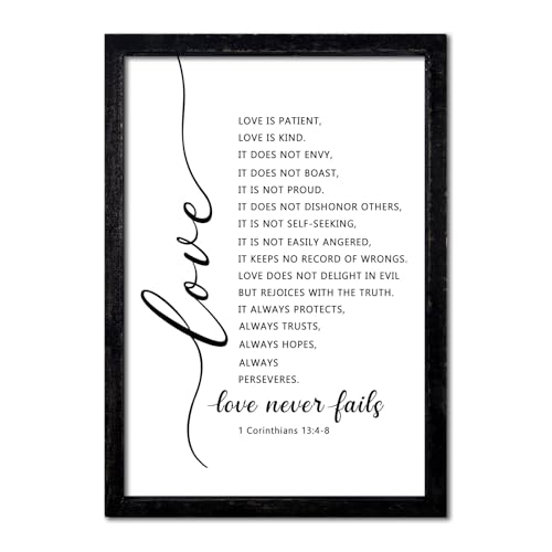 comurdyo Wanddekoration "Love Is Patient Kind", 40,6 x 27,9 cm, Motiv: Love Never Fails 1 Corinthians 13 Bibelvers aus Holz, gerahmtes Schild, Wandbehang (schwarz) von comurdyo