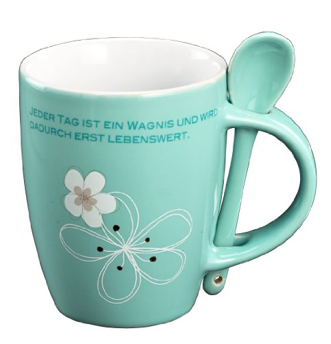 Kaffeetasse mit Blumenmotiv Keramiktasse mit Löffel Tasse türkis von condecoro