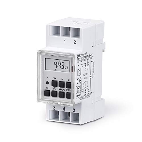 conecto Digitale Zeitschaltuhr für Hutschiene Schalttafel-Einbau | LCD-Display | 10 Schaltprogramme (Wochen-/Tages- und Minutenprogramm) | Sommerzeit + 12/24h Timer | IP20 | 3600W | weiß von conecto
