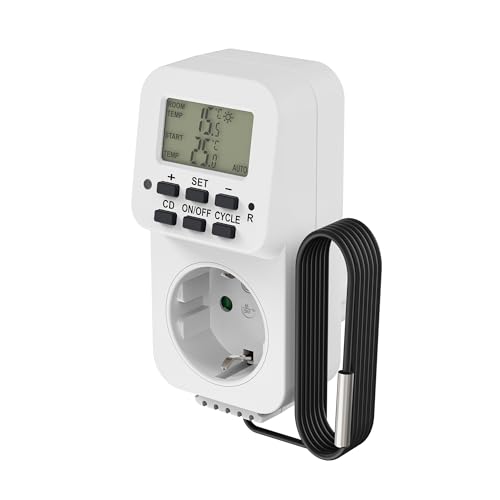 conecto Digitale Thermostat Steckdose, mit externem Fühler sowie Zeitsteuerung, für Terrarium, Gewächshaus, Räucherofen, Heizung, Temperaturregler, Kühlung und Frostwächter, 3600 Watt, weiß von conecto