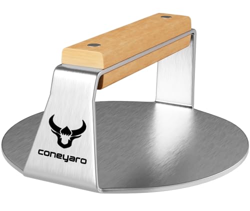 coneyaro Smash Burgerpresse, 14 cm, Edelstahl, antihaftbeschichtet, Patty-Maker mit Holzgriff für Grill- und Grillkochen coneyaro Smash Burgerpresse, 14 cm, Edelstahl, antihaftbeschichtet, Patty-Maker mit Holzgriff für Grill- und Grillkochen von coneyaro