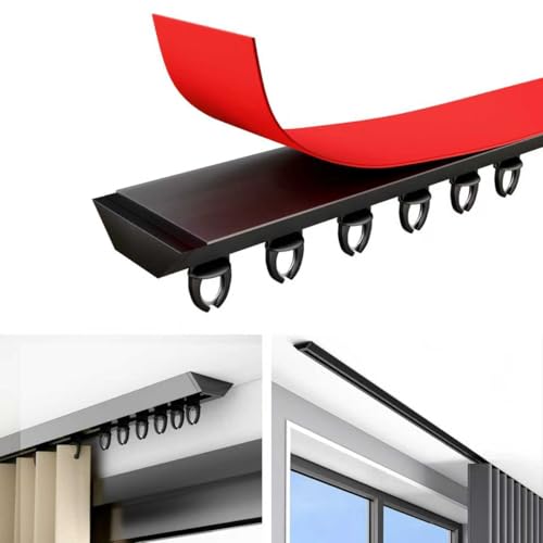 congumi Selbstklebende Vorhangschiene (kein Bohren erforderlich) Self-adhesive curtain rail 160cm Aluminium-Gardinenstange mit Haken, Geeignet für Fenster, Raumteiler, Duschen, Schränke(schwarz) von congumi