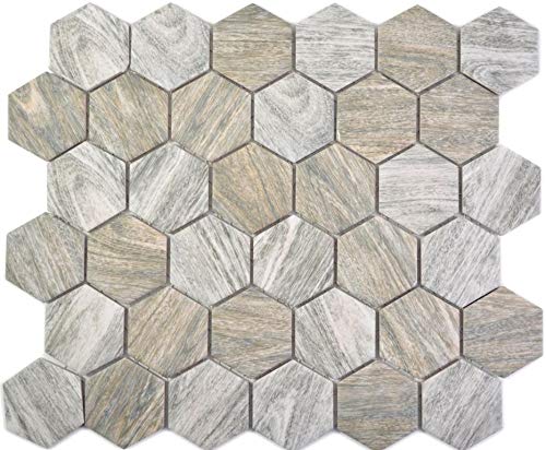 Keramik Mosaik Hexagon Holz grau Fliesenspiegel Badfliese Küchenfliese Mosaikwand Wandverkleidung Duschwand Thekenverkleidung Badewannenverkleidung von conwire