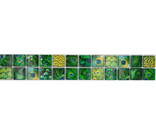 Mosaik Borde Bordüre Glasmosaik Tierwelt Pfau Dunkelgrün hellgrün gelb Wand Fliesenspiegel Küche Dusche von conwire