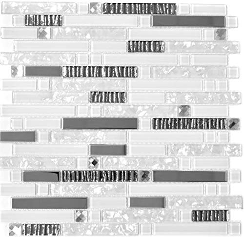 Mosaik Fliese Edelstahl weiß Stäbchen Glasmosaik Crystal Stahl weiß Glas für WAND BAD WC DUSCHE KÜCHE FLIESENSPIEGEL THEKENVERKLEIDUNG BADEWANNENVERKLEIDUNG Mosaikmatte Mosaikplatte von conwire