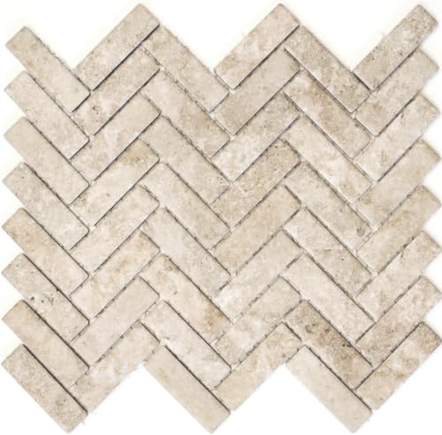 Mosaik Fliese Keramik Fischgrät Steinoptik beige Badfliese Wandverkleidung Badewannenverkleidung Küchenrückwand Fliesenspiegel Küche Mosaikwand von conwire