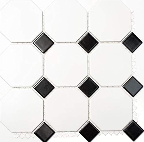 Mosaik Fliese Keramik Octagonal weiß matt schwarz glänzend für WAND BAD DUSCHE KÜCHE FLIESENSPIEGEL THEKENVERKLEIDUNG BADEWANNENVERKLEIDUNG Mosaikmatte Mosaikplatte | 10 Mosaikmatten von conwire